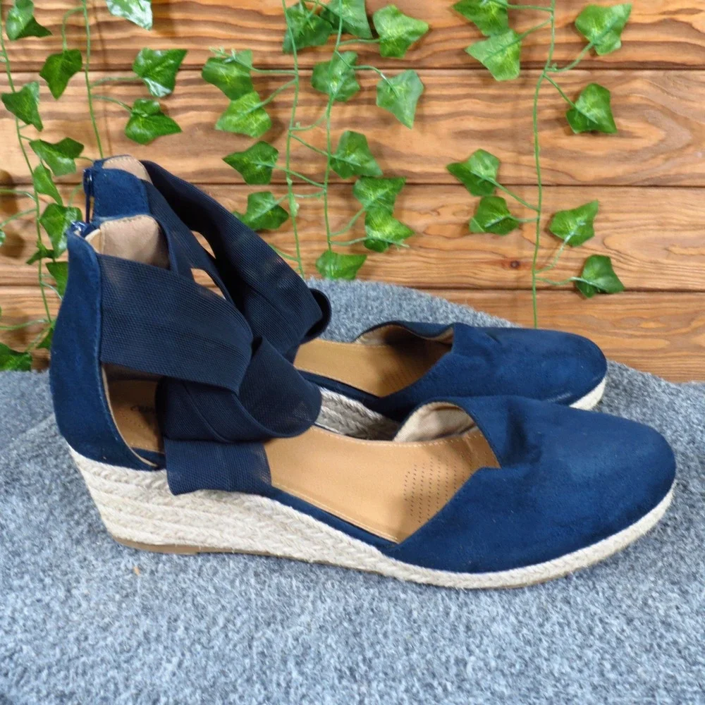 Comfortview Sabine Women Wedge Espadrille Size 11 Wide Dressy Navy Blue Fabric